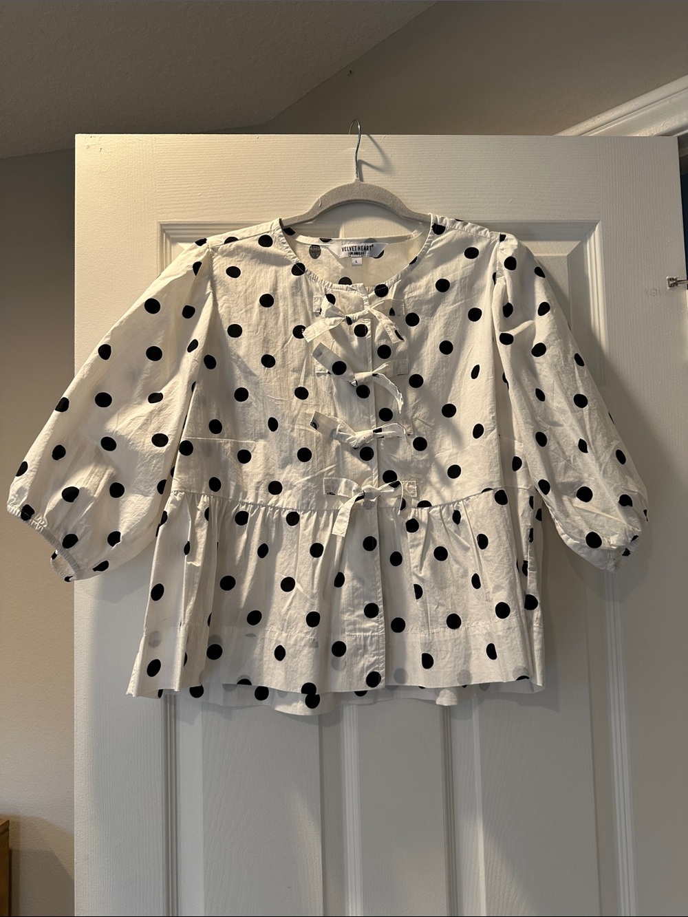 Velvet Heart Polka Dot Peplum Tie-Front Blouse - White/Black size L